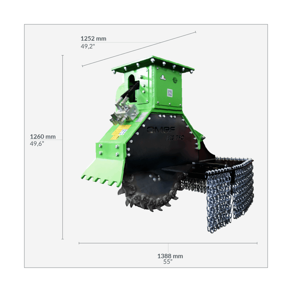 fresaceppi per escavatore FRS750 OMEF, con indicazione dimensioni e misure tecniche