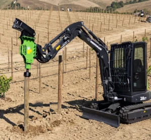 omef excavator post driver driving posts in a vineyard with eurocomach excavator